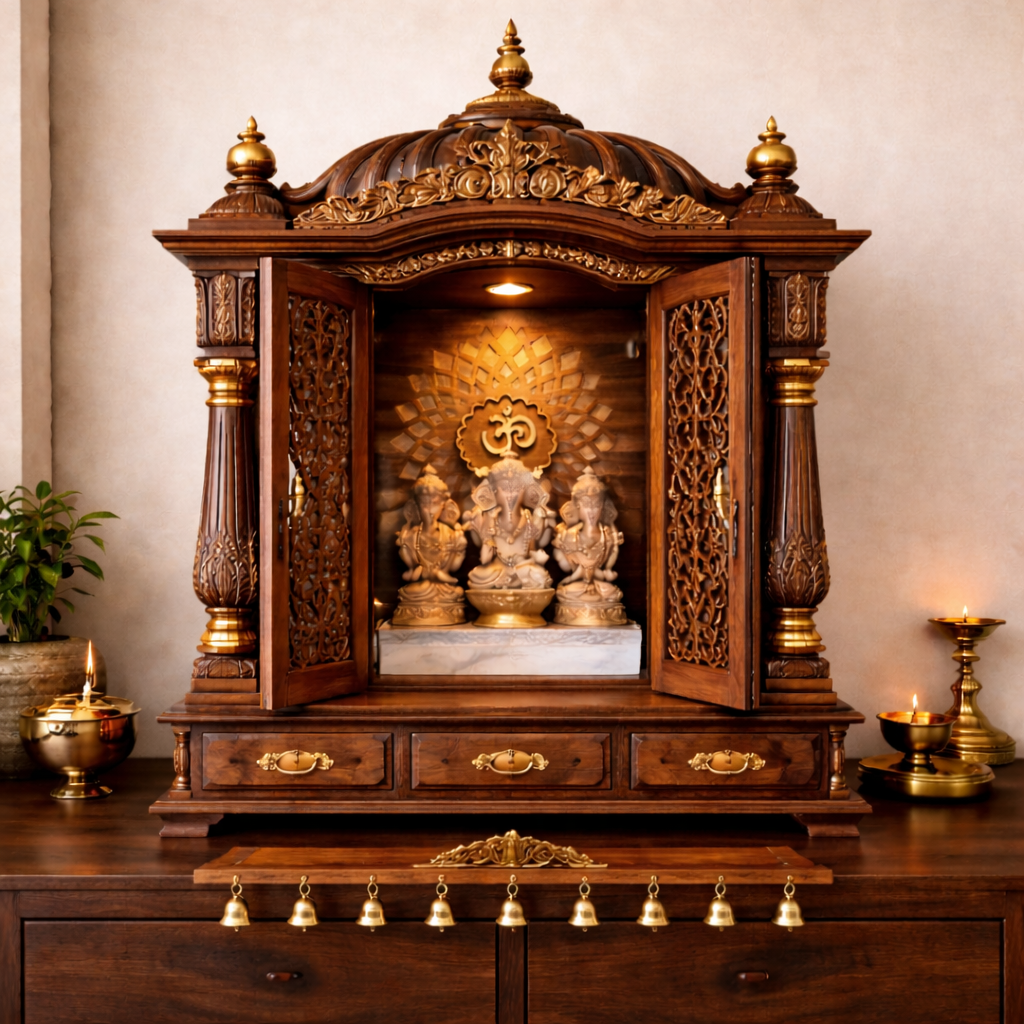 Grand Dome-Top Hand-Carved Teakwood Mandir with Jaali Doors and Triple Drawer Storage