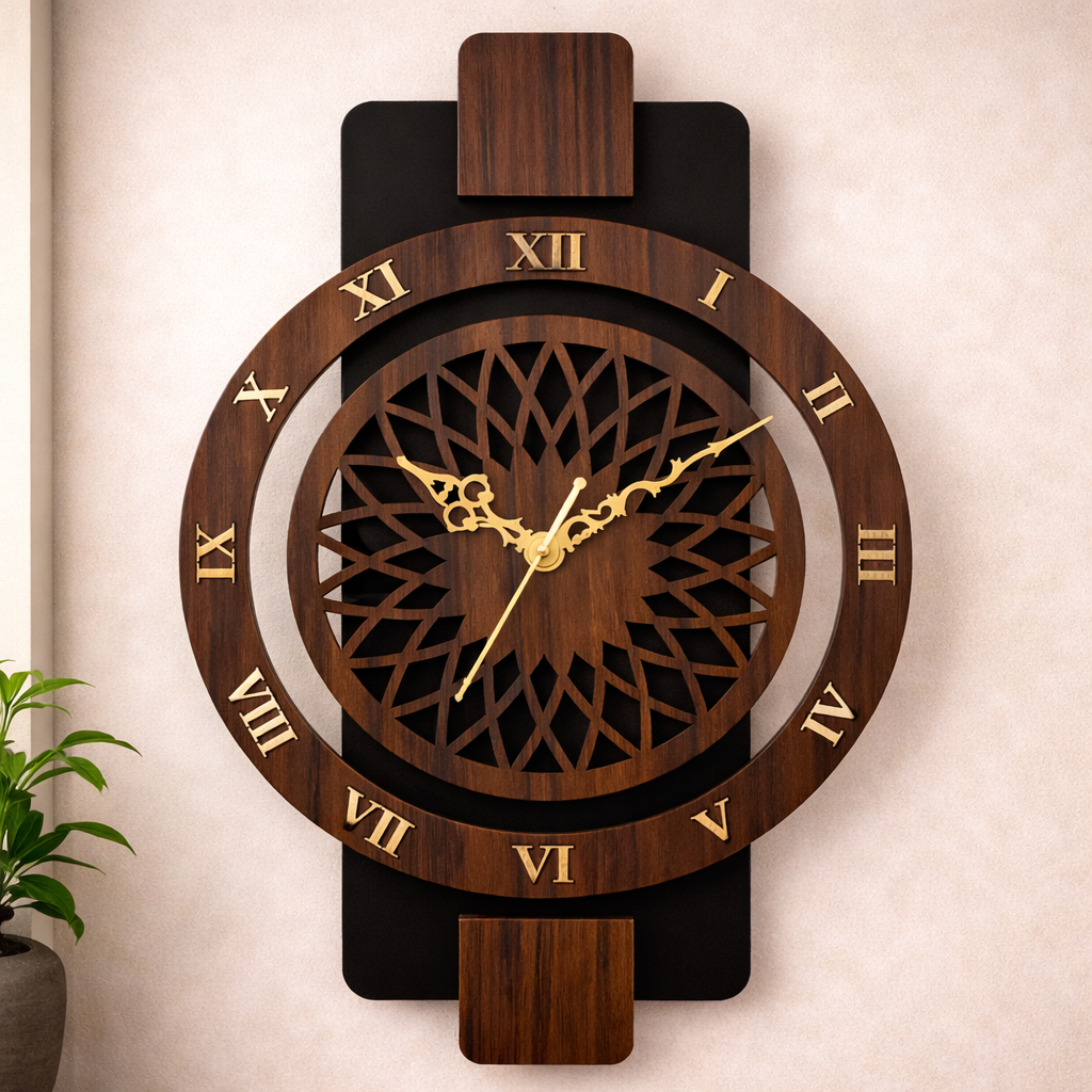 Modern Minimalist Teakwood Roman Dial Wall Clock with Geometric Cutwork