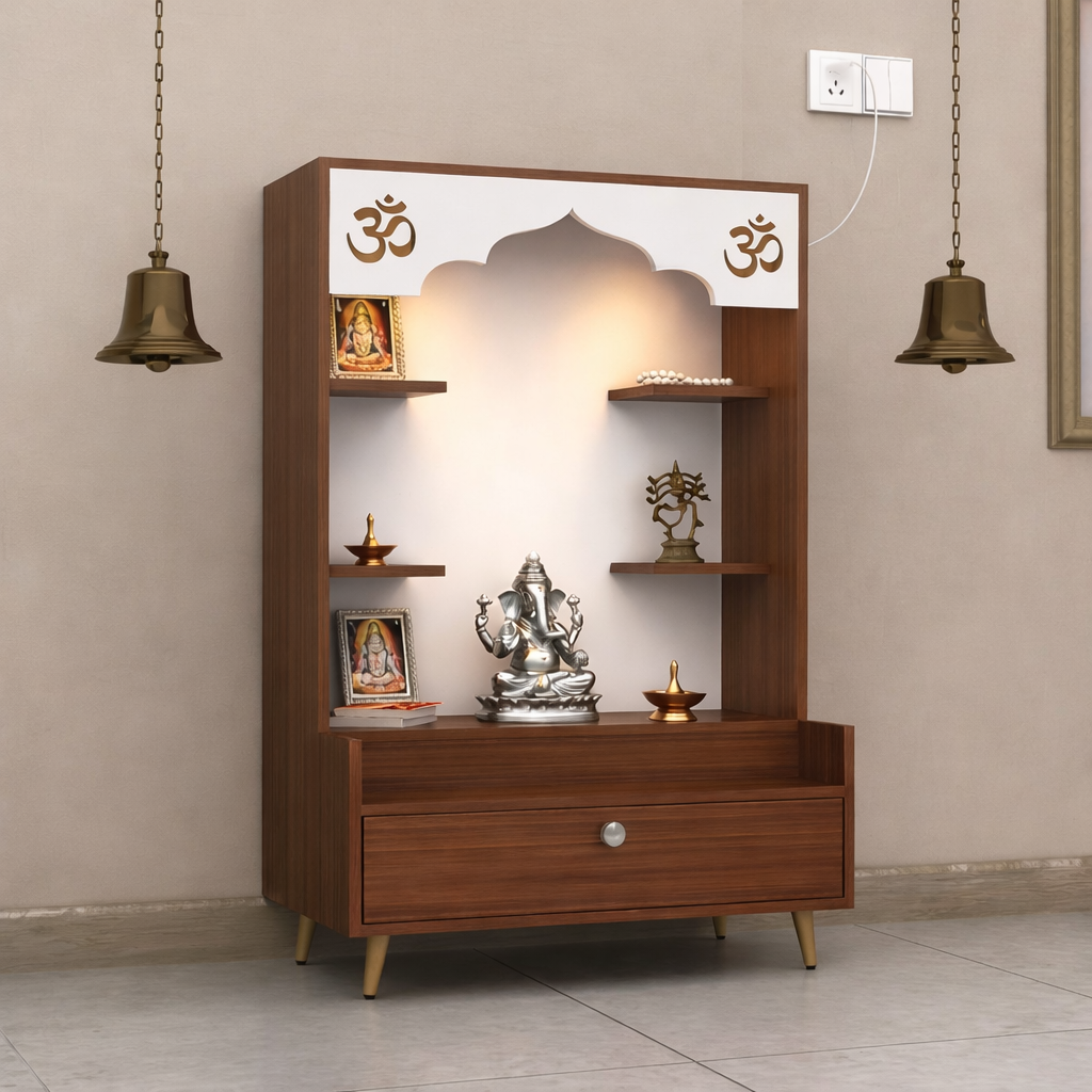 Multicolor Jaali-Door Hand-Painted MDF Mandir with Dual Doors and Storage