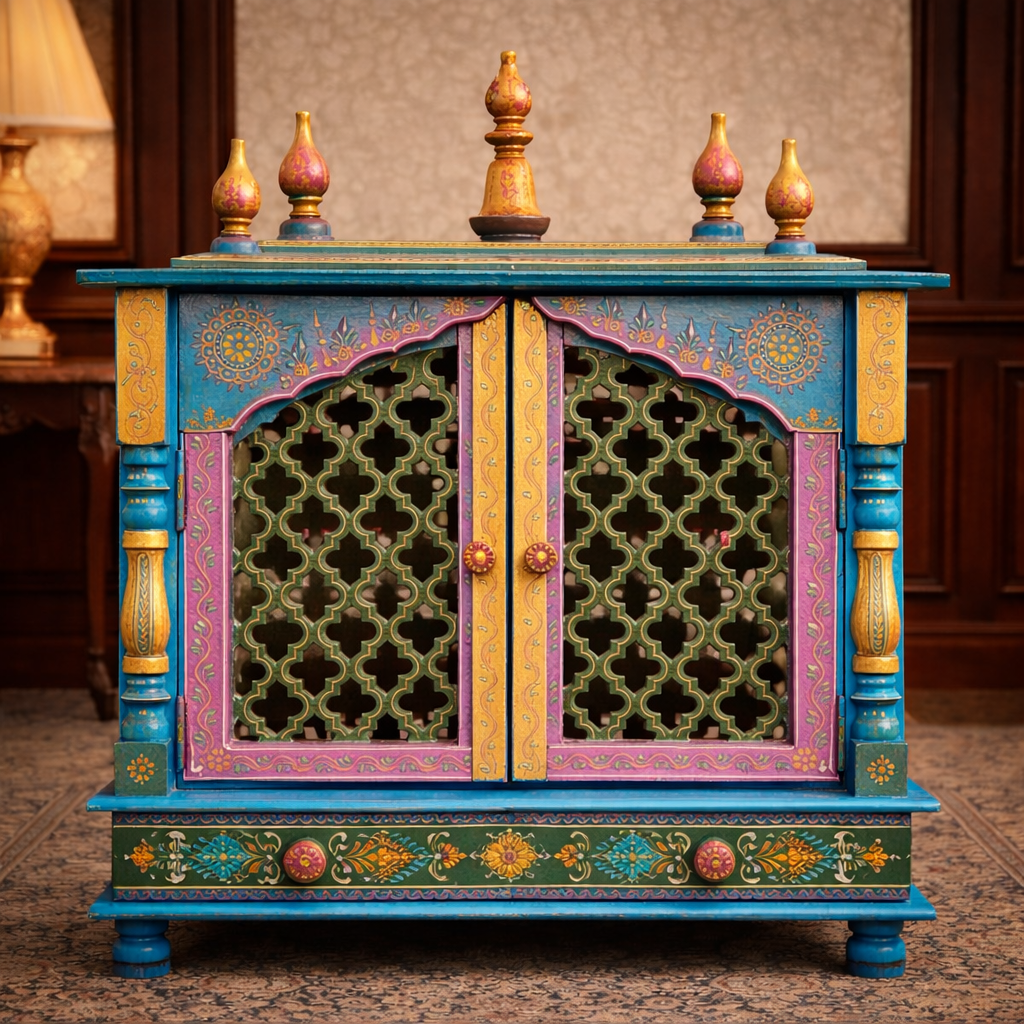 Multicolor Jaali-Door Hand-Painted Teakwood Mandir with Dual Doors and Storage
