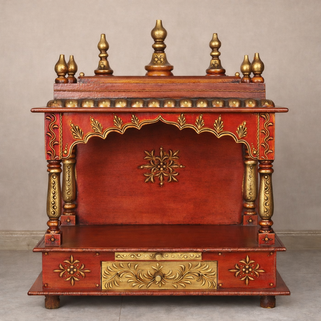 Ivory Gold Hand-Painted Teakwood Mandir with Ornamental Arch and Drawer Storage