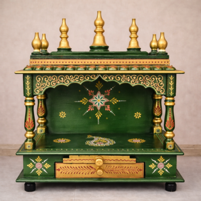 Emerald Scrollwork Hand-Painted Teakwood Mandir with Ornamental Arch and Drawer Storage