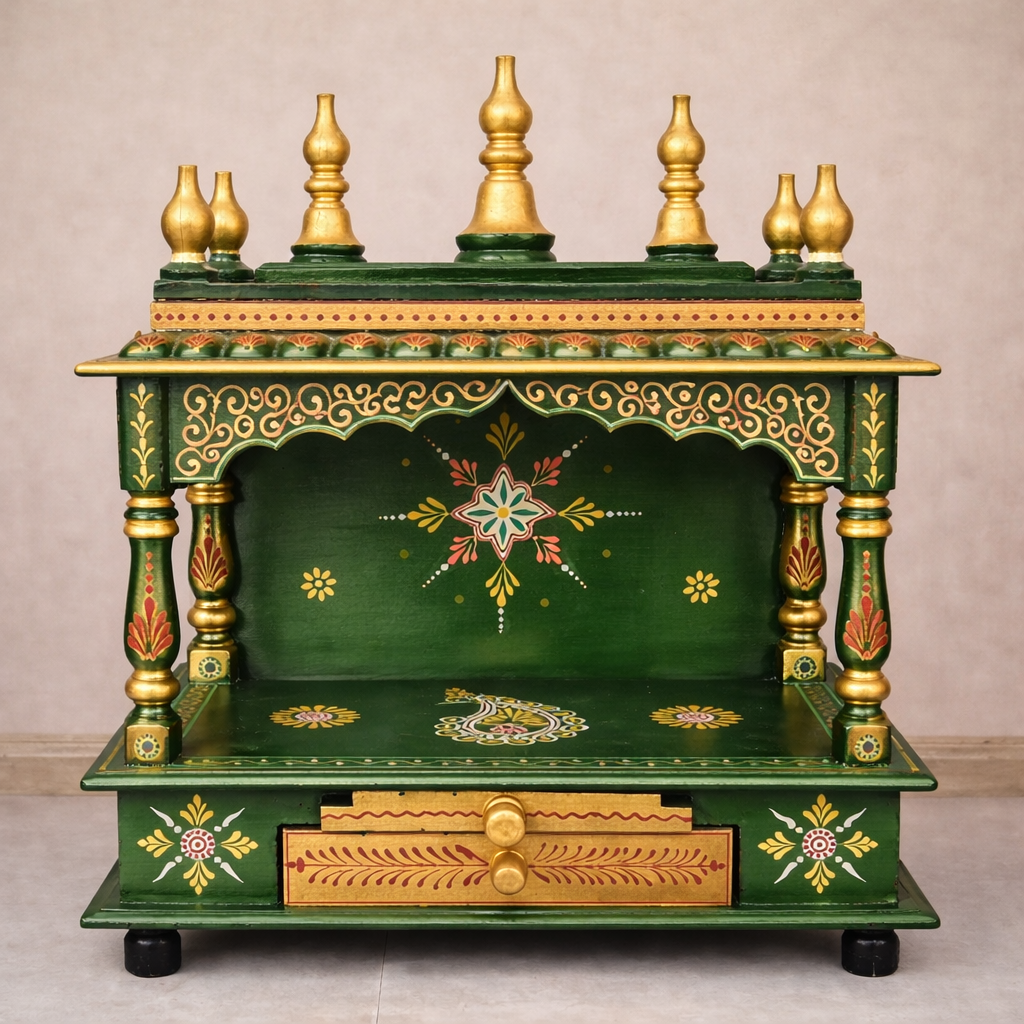 Emerald Scrollwork Hand-Painted Teakwood Mandir with Ornamental Arch and Drawer Storage