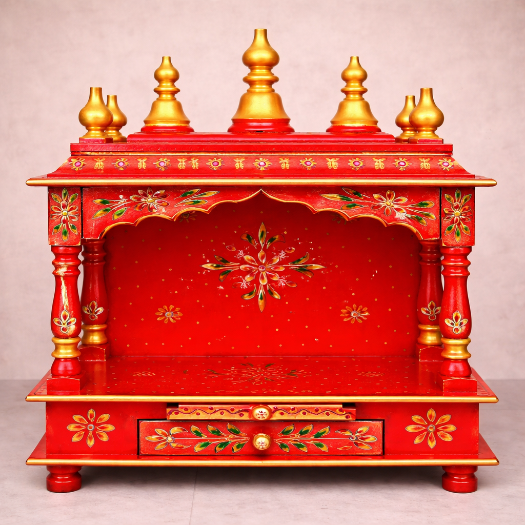 Sunrise Floral Hand-Painted Teakwood Mandir with Open Arch and Storage Drawer