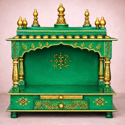 Emerald Heritage Hand-Painted Teakwood Mandir with Open Arch and Drawer Storage