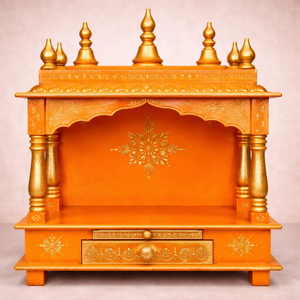 Traditional Open-Arch Hand-Painted Teakwood Mandir with Drawer Storage