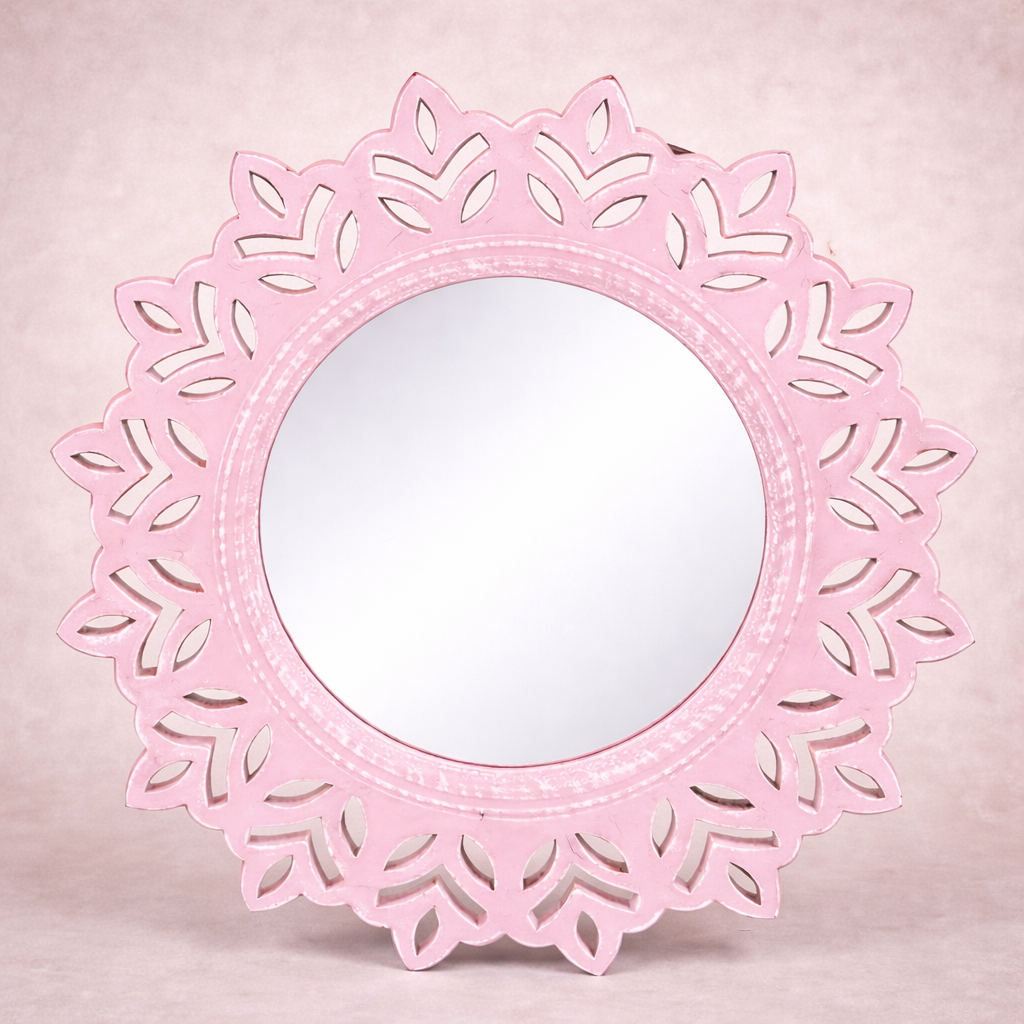 Pastel Round MDF Wall Mirror with Decorative Leaf Cutwork Frame