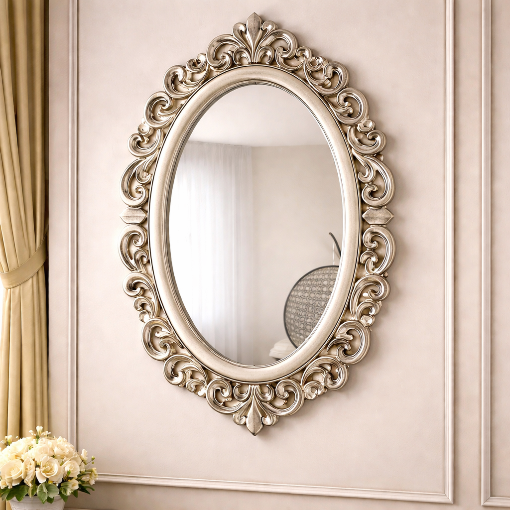 Classic Oval MDF Wall Mirror with Ornate Gold Decorative Frame