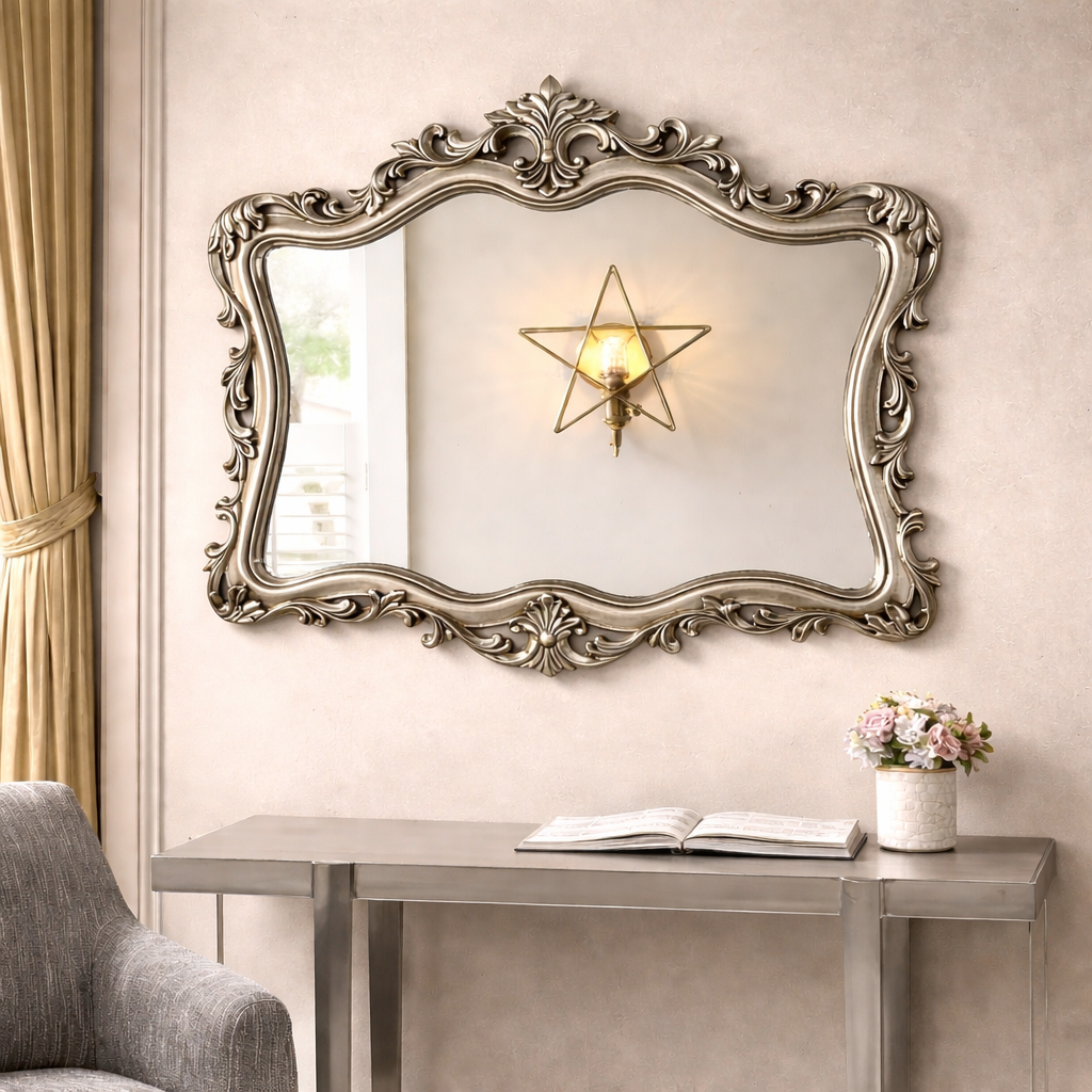 Designer MDF Wall Mirror with Ornate Curved Silver Finish Frame