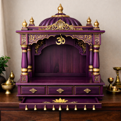 Royal Plum Dome-Top Teakwood Mandir with Ornamental Arch and Triple Drawer Base