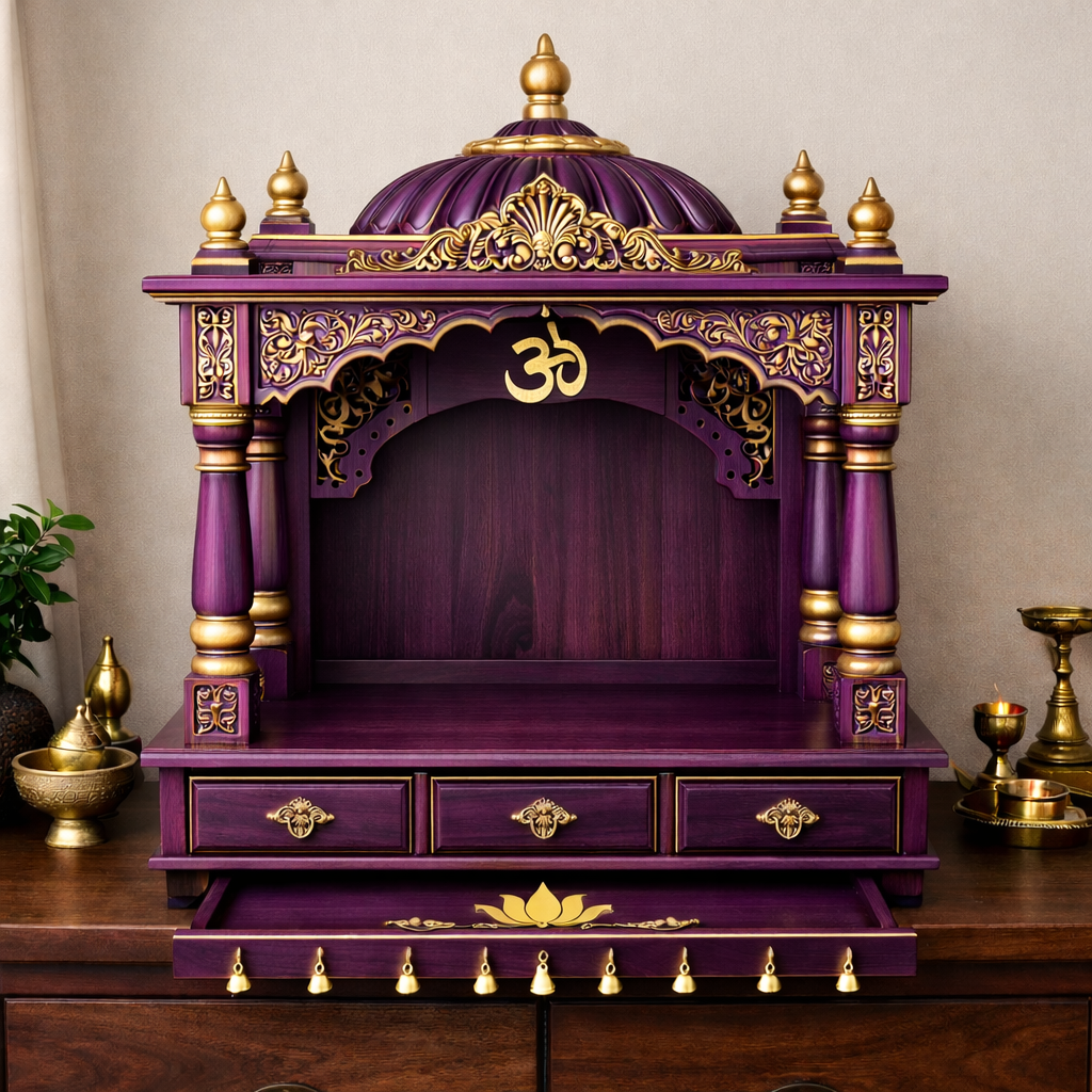 Royal Plum Dome-Top Teakwood Mandir with Ornamental Arch and Triple Drawer Base