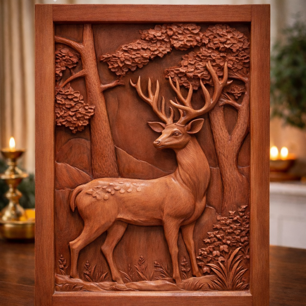 Hand-Carved Solid Teakwood Deer Wall Panel with Forest Relief Artwork