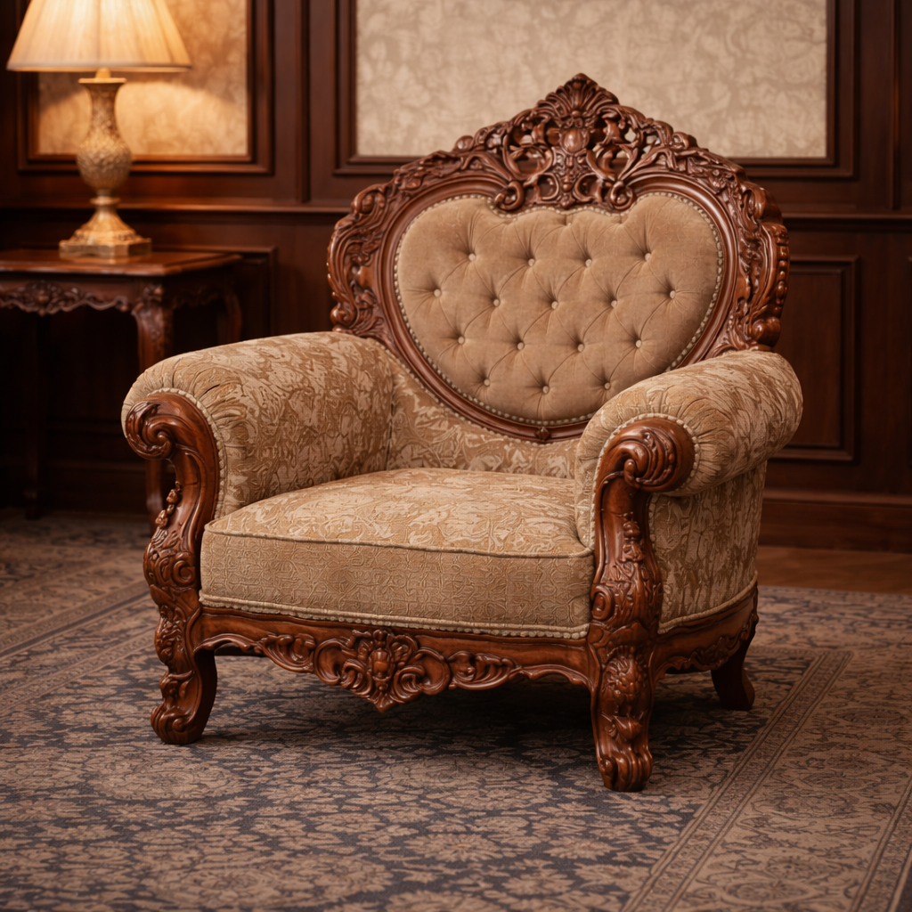 Royal Heart-Shape Teakwood Hand-Carved Sofa Set with Center Table