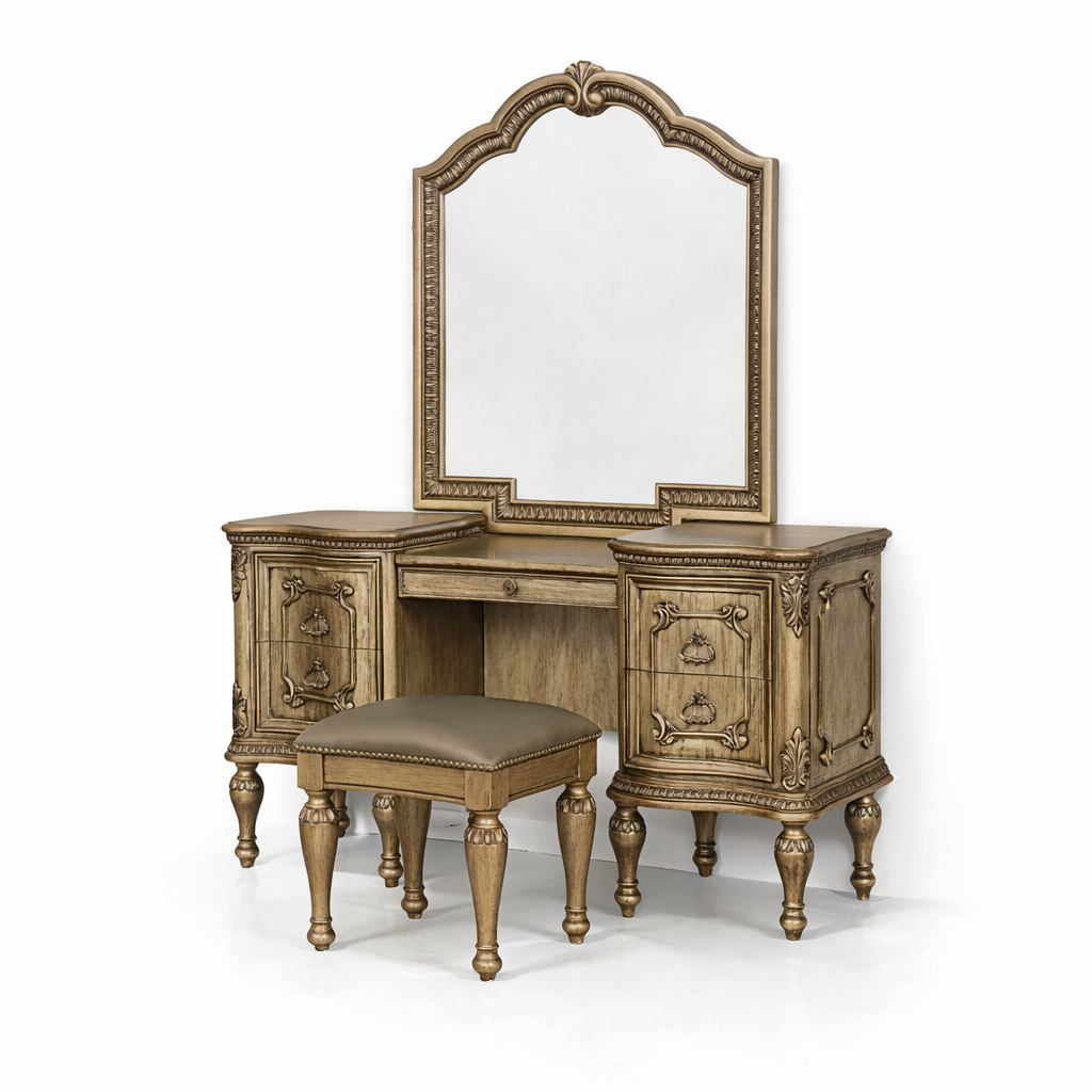 Elegant Royal Teakwood Dressing Table with Classic Arch Mirror & Gold Detailing