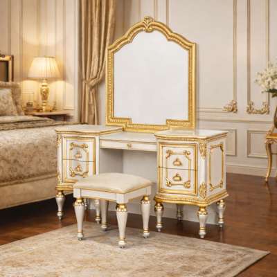 Elegant Royal Teakwood Dressing Table with Classic Arch Mirror & Gold Detailing