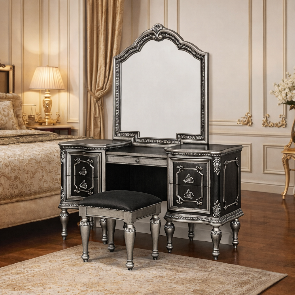 Elegant Royal Teakwood Dressing Table with Classic Arch Mirror & Gold Detailing