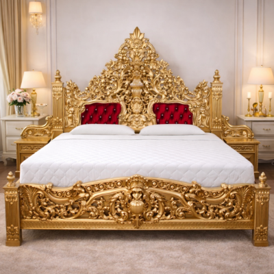 Royal Maharaja Teakwood Hand-Carved With Storage Gold Finish Bed with Side Tables | LW – 6.5 x 6 Ft |