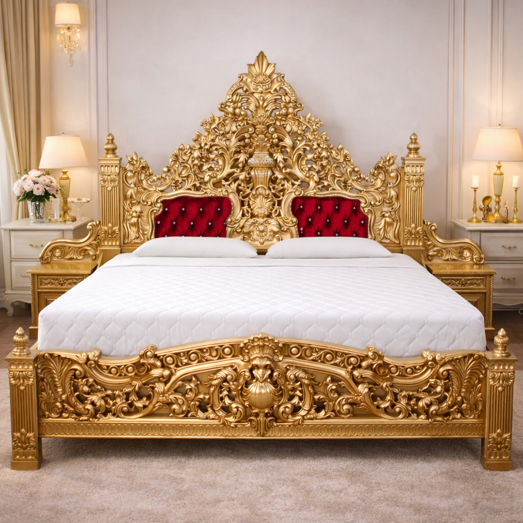 Royal Maharaja Teakwood Hand-Carved With Storage Gold Finish Bed with Side Tables | LW – 6.5 x 6 Ft |