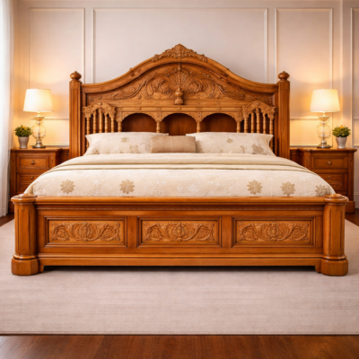 Royal Heritage Teakwood Carved Storage Bed with Side Tables | LW – 6.5 x 6 Ft |