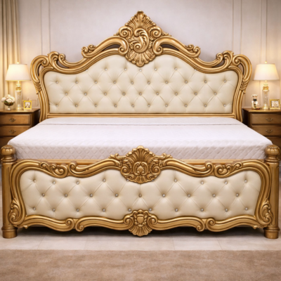Royal Gold Crest Teakwood Upholstered Storage Bed with Side Tables | LW – 6.5 x 6 Ft |