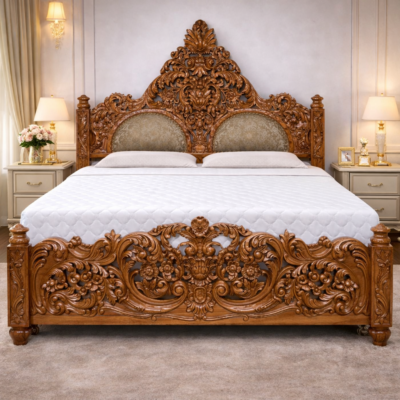 Royal Hand-Carved Solid Teak Wood Storage Bed with Heritage Floral Design | LW – 6.5 x 6 Ft |