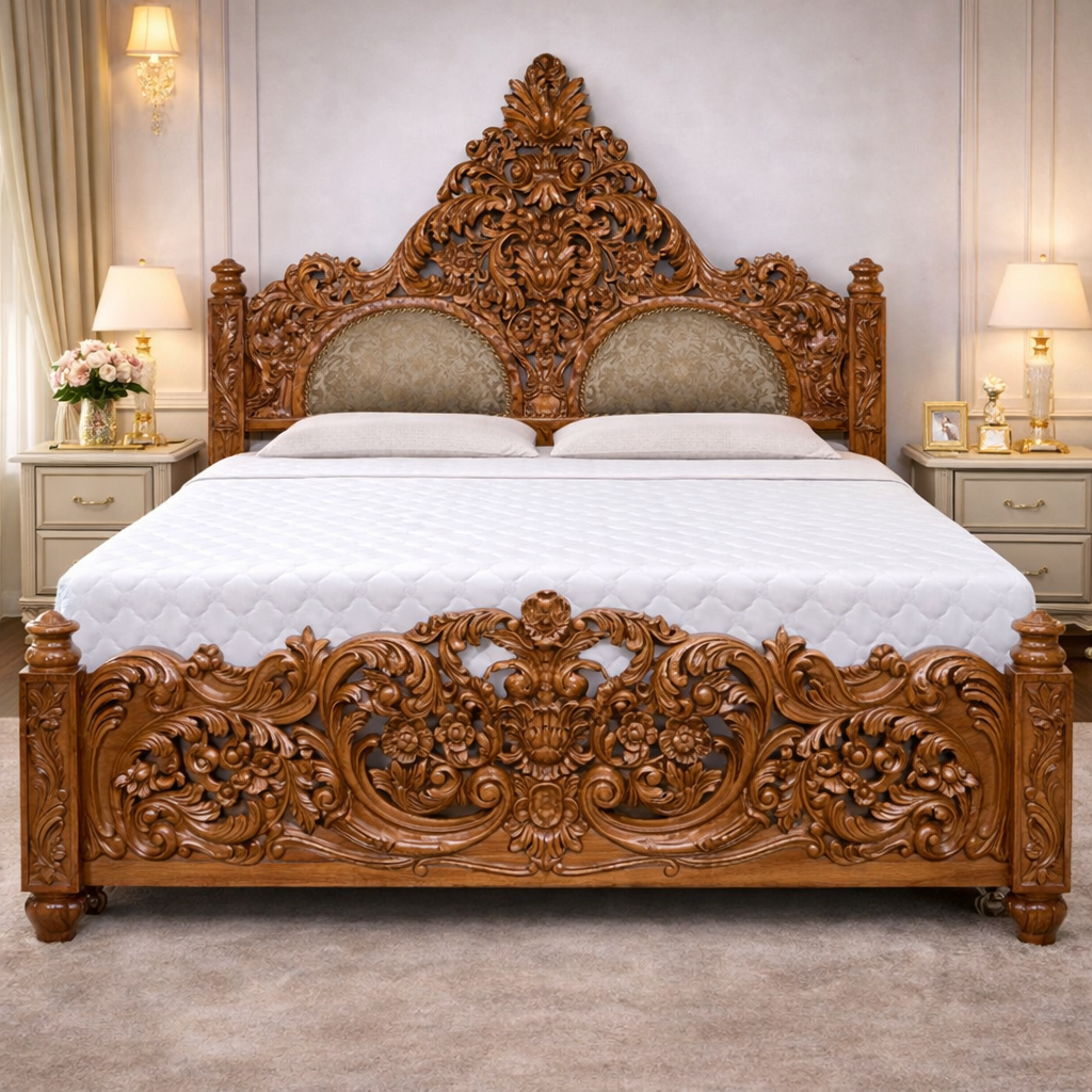 Royal Hand-Carved Solid Teak Wood Storage Bed with Heritage Floral Design | LW – 6.5 x 6 Ft |
