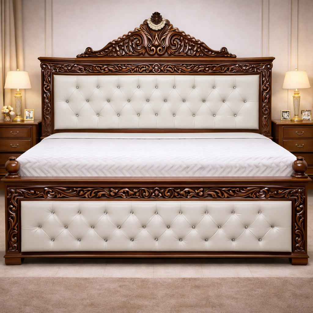 Grand Maharaja Carved Teakwood Bed with Diamond-Tufted Upholstered Headboard and Footboard With Side Tables | LW – 6.5 x 6 Ft |