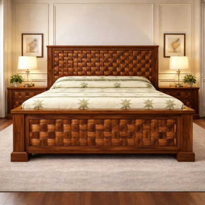Classic Woven Panel Teakwood Storage Bed with Side Tables | LW – 6.5 x 6 Ft |