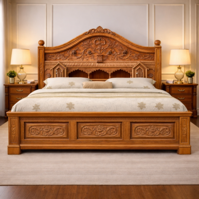 Grand Heritage Teakwood Hand-Carved Storage Bed with Side Tables | LW – 6.5 x 6 Ft |