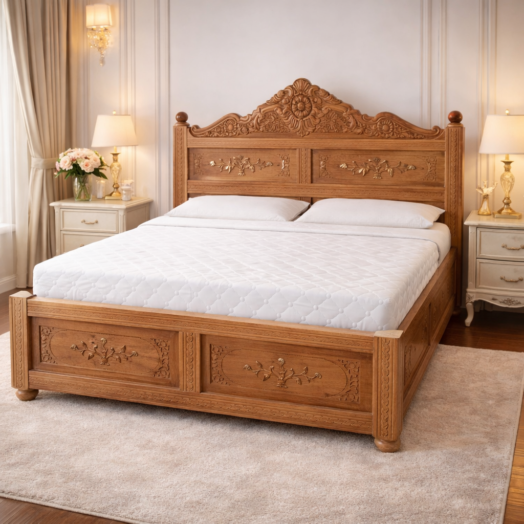 Classic Floral Teakwood Hand-Carved Storage Bed | LW – 6.5 x 5 Ft |