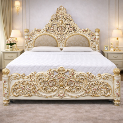 Royal Palace White & Gold Teakwood Hand-Carved Storage Bed with Side Tables | LW – 6.5 x 6 Ft |