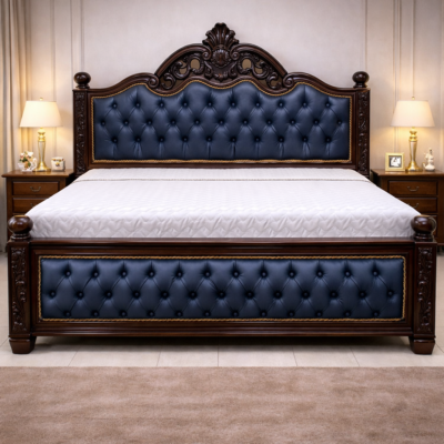 Royal Tufted Teakwood Bed with Upholstered Headboard and Footboard With Side Table | LW – 6.5 x 5 Ft |