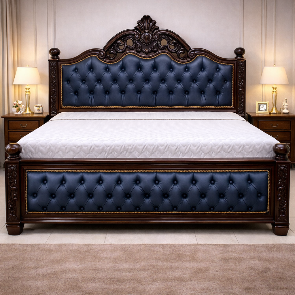 Royal Tufted Teakwood Bed with Upholstered Headboard and Footboard With Side Table | LW – 6.5 x 5 Ft |