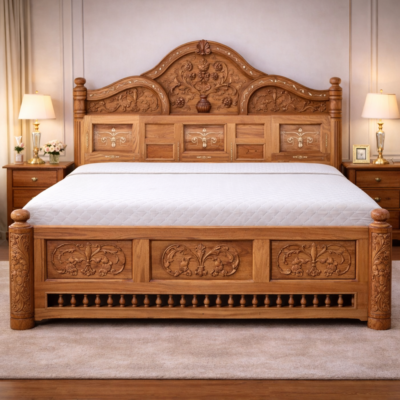 Royal Heritage Teakwood Carved Storage Bed with Headboard Cabinets | LW – 6.5 x 6 Ft |