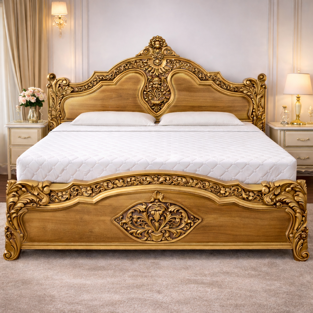 Royal Gold Elegance Teakwood Hand-Carved Storage Bed | LW – 6.5 x 6 Ft |