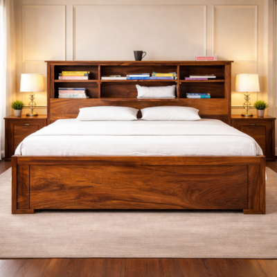 Contemporary Teakwood Storage Bed with Integrated Bookshelf Headboard | LW – 6.5 x 6 Ft |
