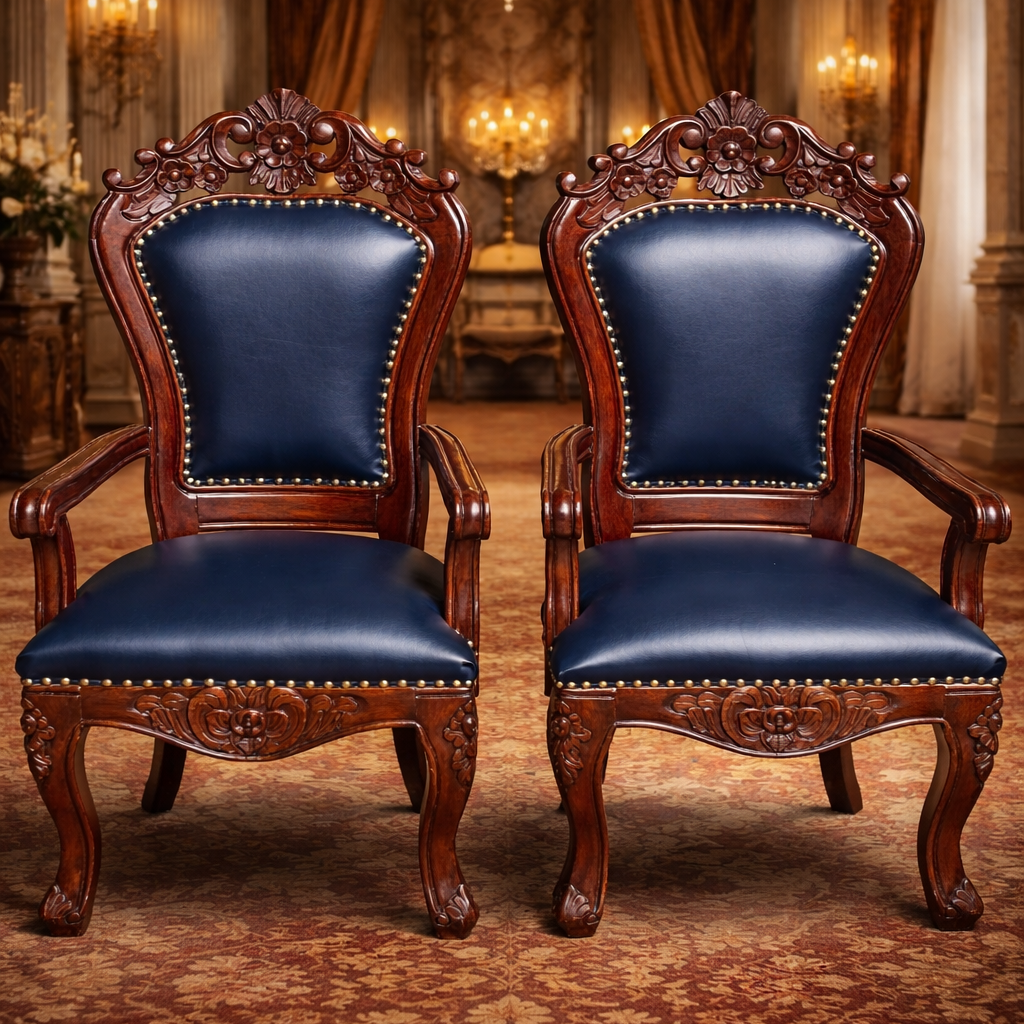 Classic Carved Teakwood Arm Chair Set of 2 with Upholstered Back