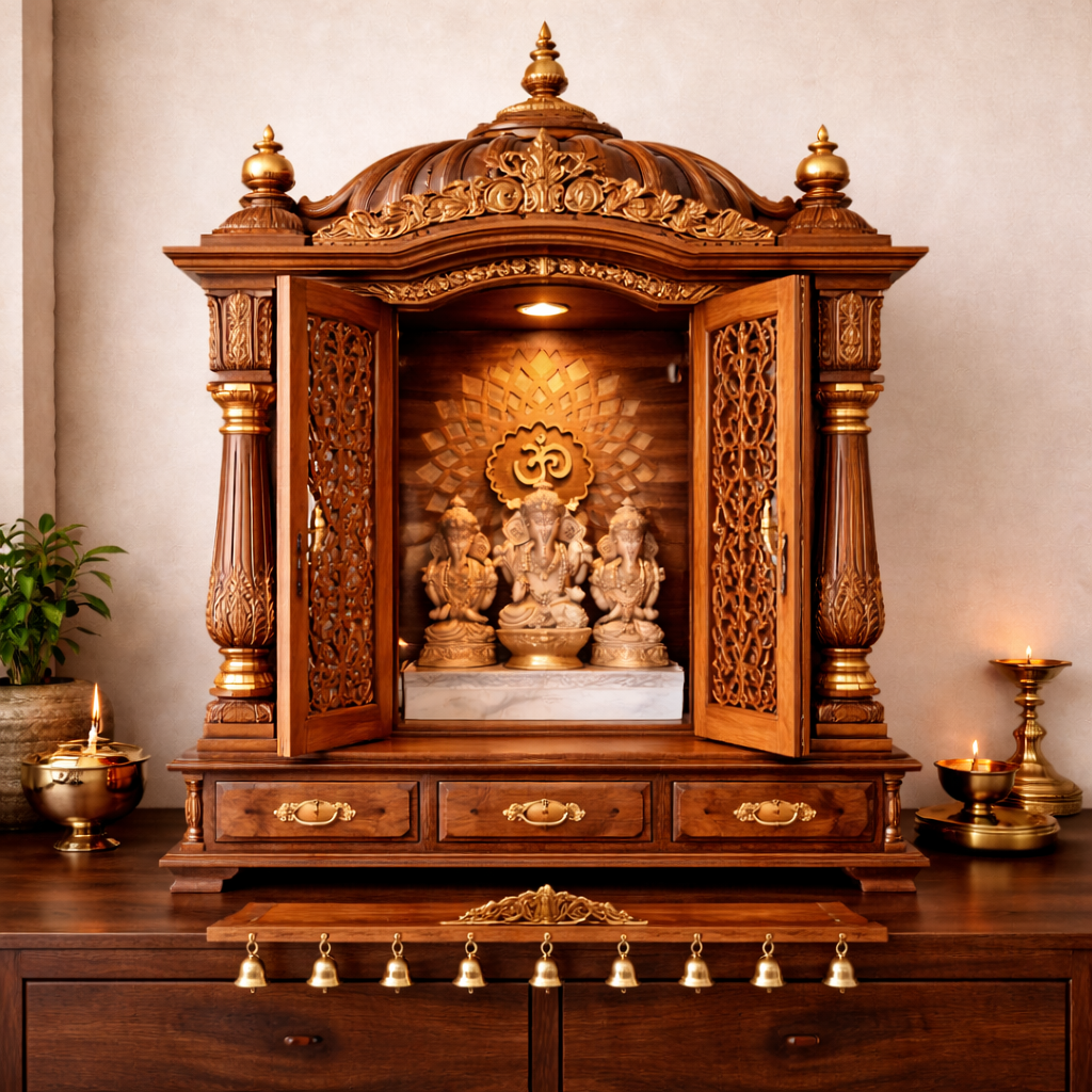 Grand Dome-Top Hand-Carved Teakwood Mandir with Jaali Doors and Triple Drawer Storage