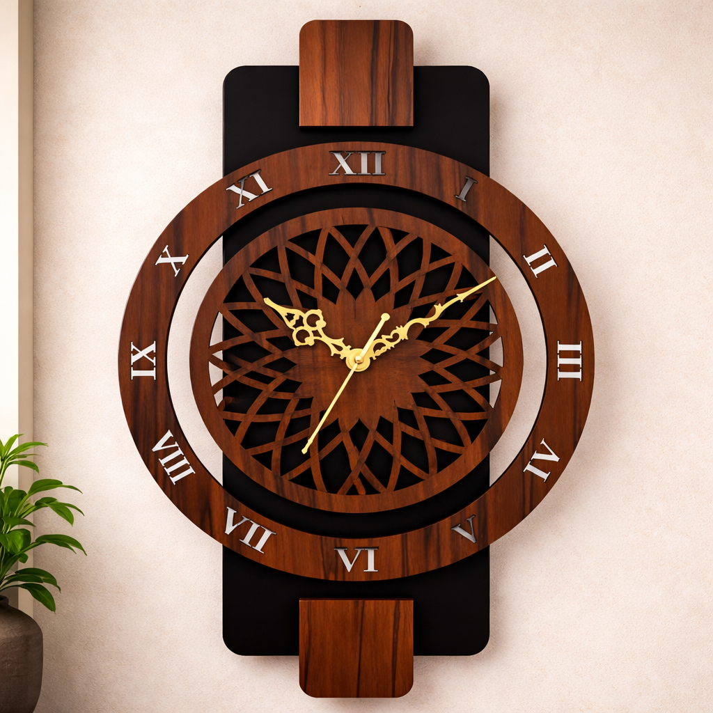 Modern Minimalist Teakwood Roman Dial Wall Clock with Geometric Cutwork