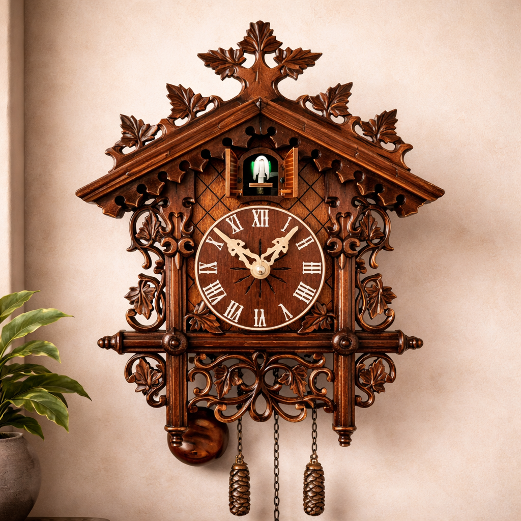 Royal Heritage Teakwood Cuckoo Wall Clock with Hand-Carved Detailing