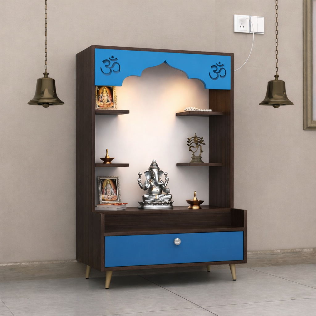 Multicolor Jaali-Door Hand-Painted MDF Mandir with Dual Doors and Storage