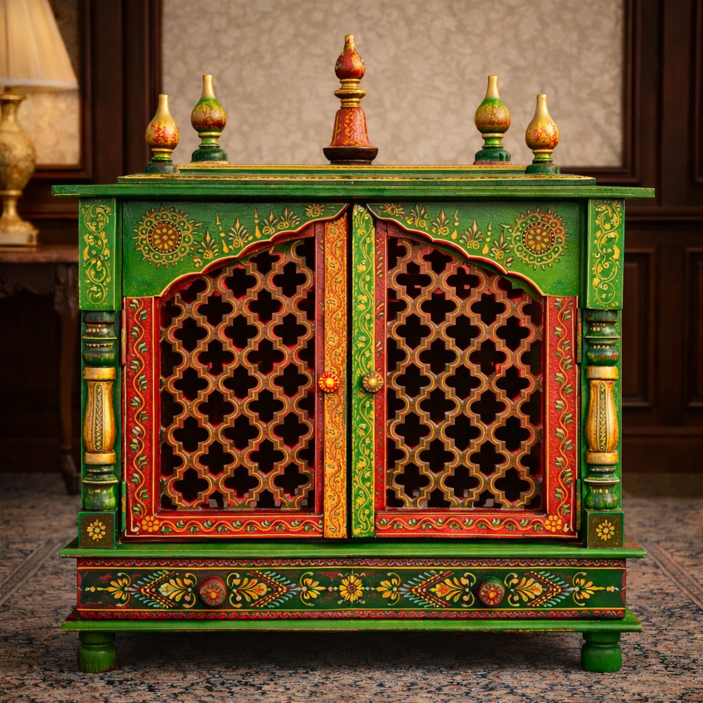 Multicolor Jaali-Door Hand-Painted Teakwood Mandir with Dual Doors and Storage