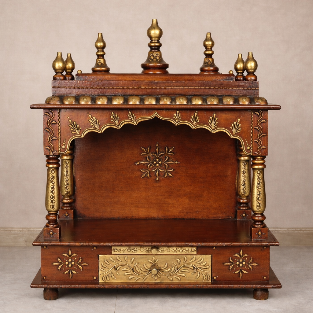 Ivory Gold Hand-Painted Teakwood Mandir with Ornamental Arch and Drawer Storage