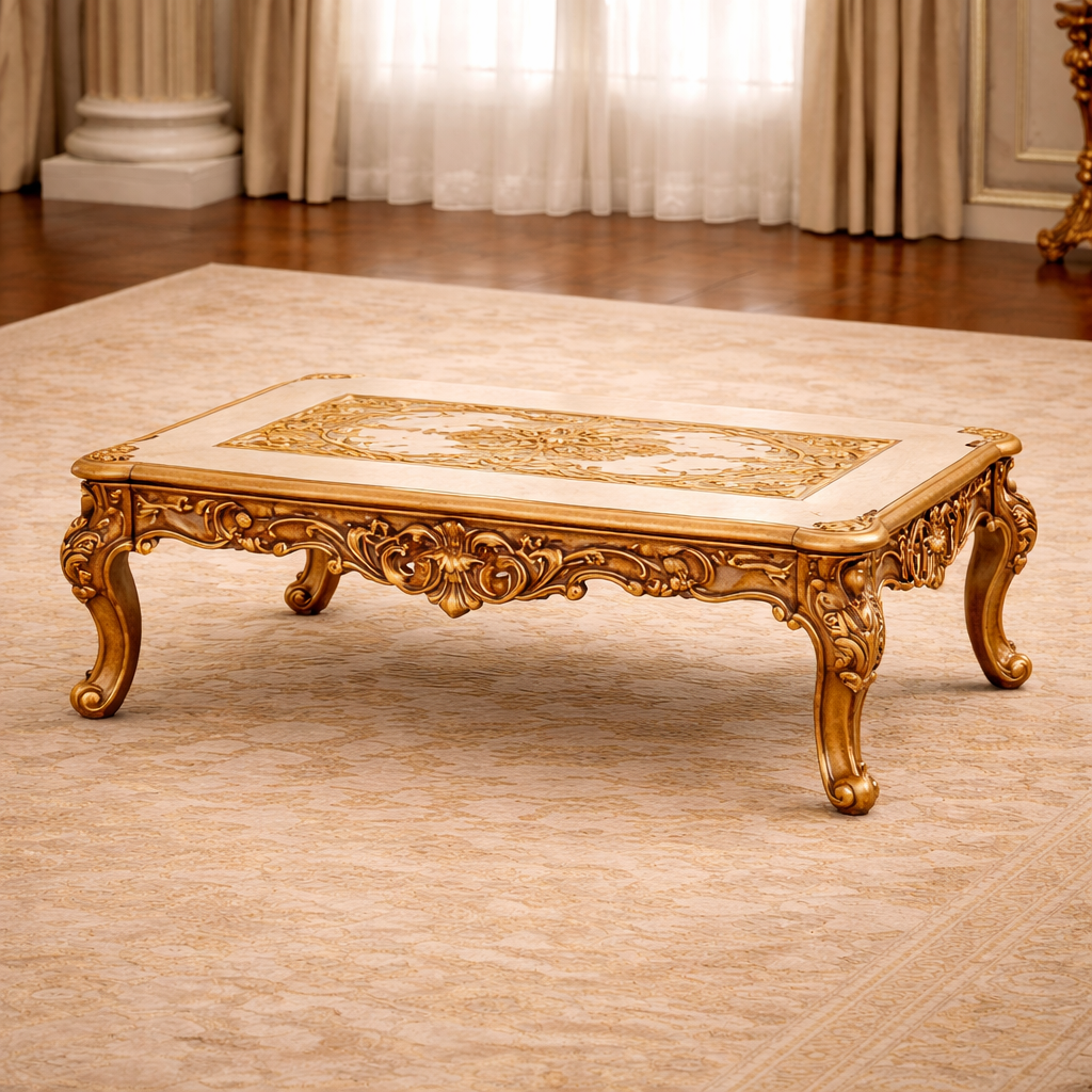Royal Heritage Hand-Carved Teakwood Sofa Set with Center Table