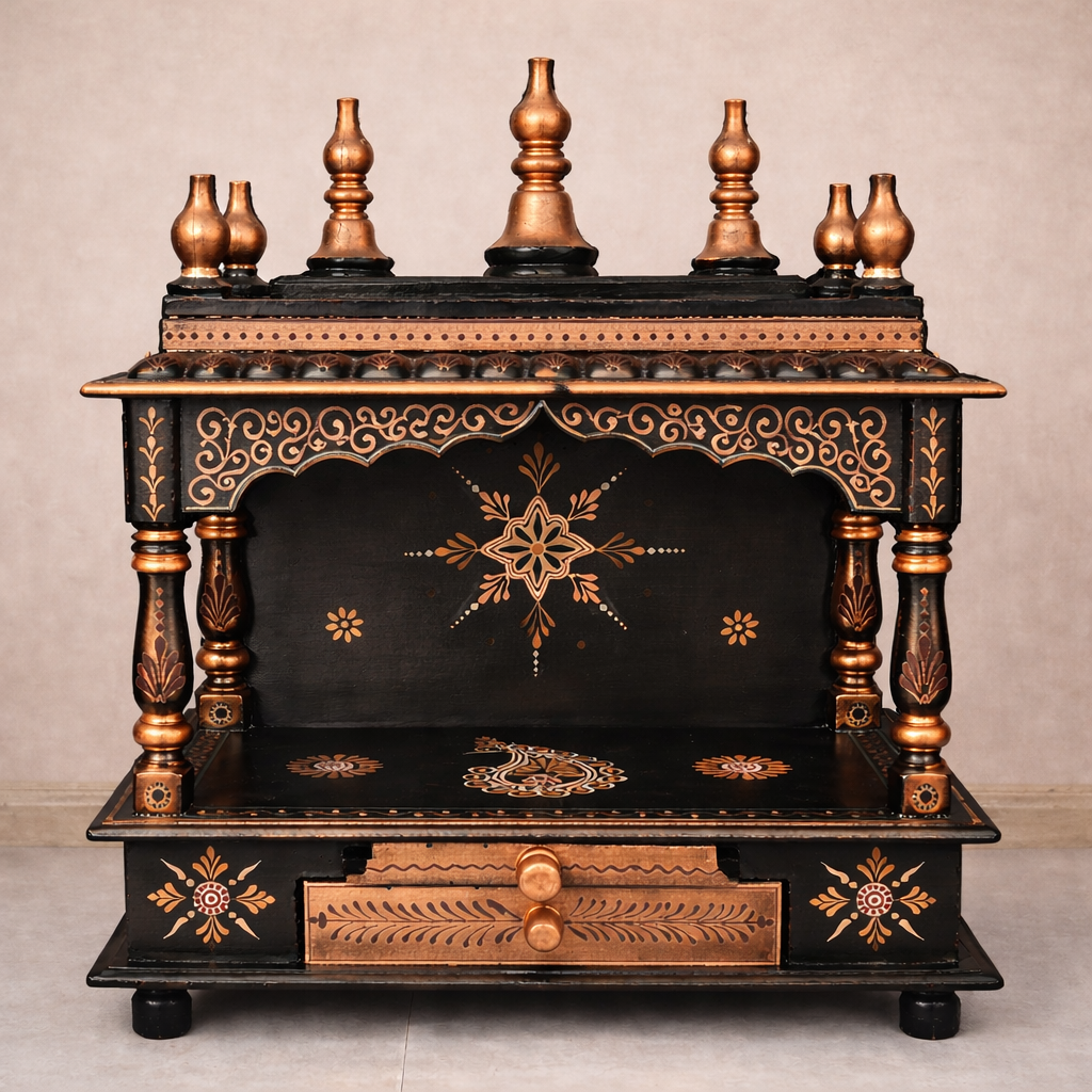 Emerald Scrollwork Hand-Painted Teakwood Mandir with Ornamental Arch and Drawer Storage