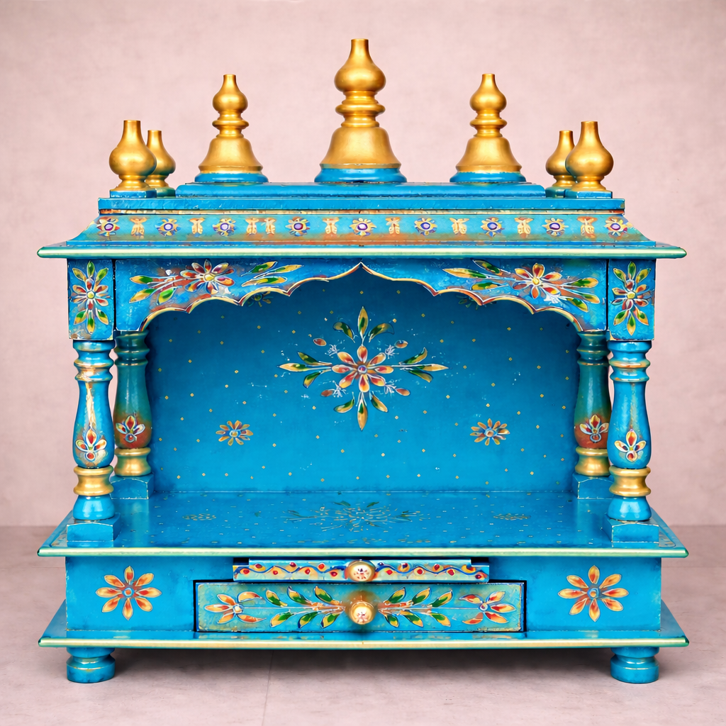 Sunrise Floral Hand-Painted Teakwood Mandir with Open Arch and Storage Drawer