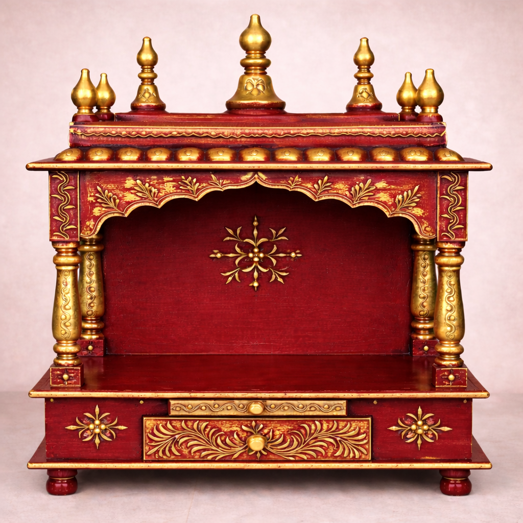 Emerald Heritage Hand-Painted Teakwood Mandir with Open Arch and Drawer Storage