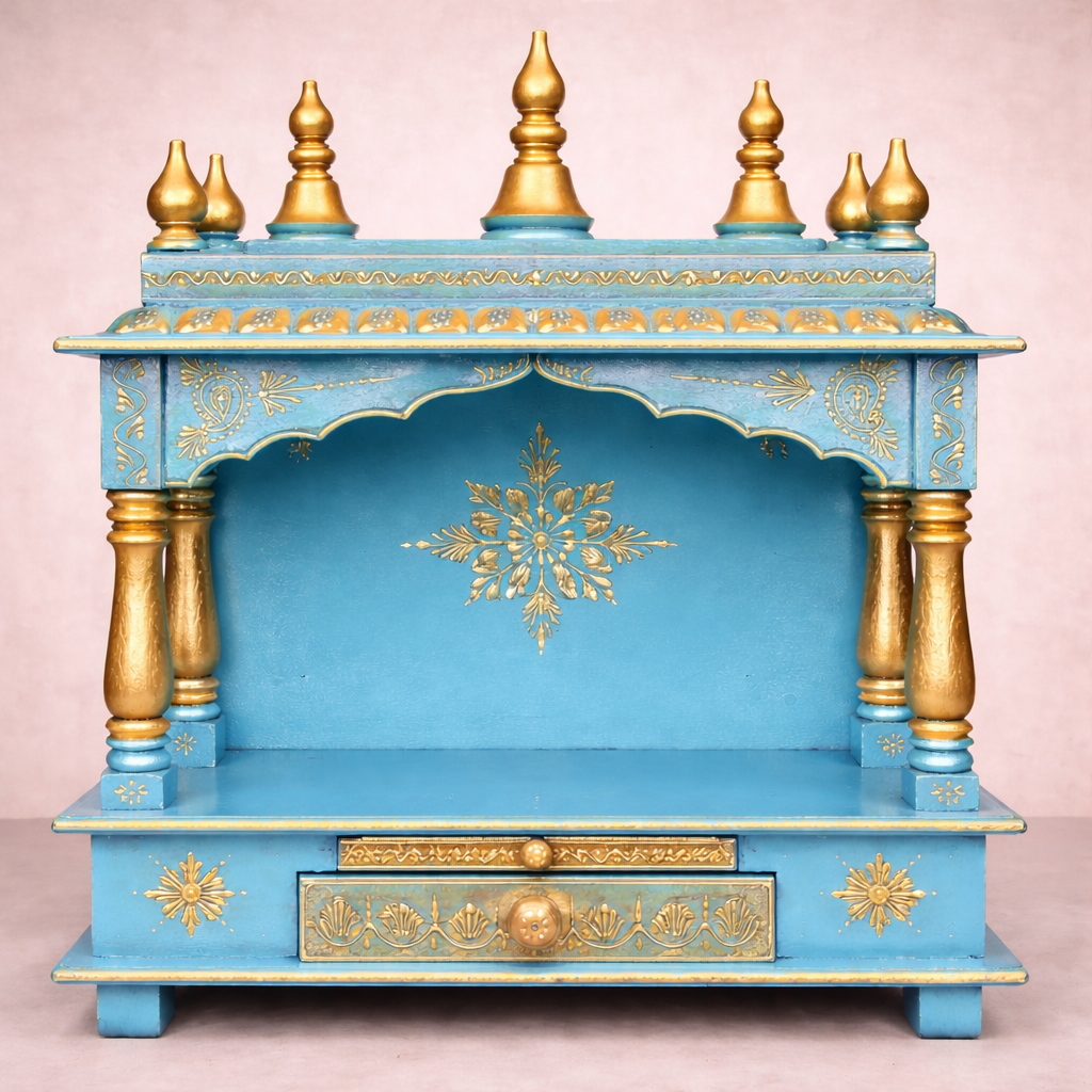 Traditional Open-Arch Hand-Painted Teakwood Mandir with Drawer Storage