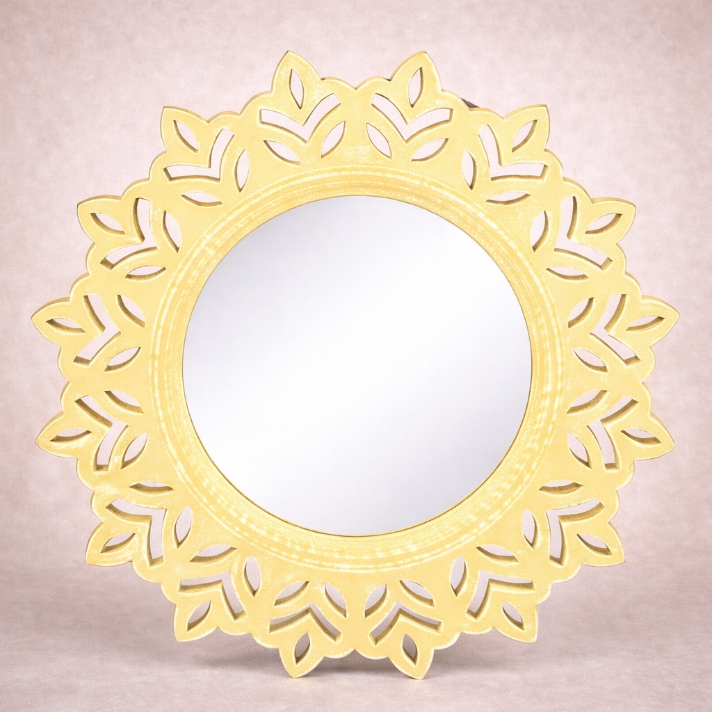 Pastel Round MDF Wall Mirror with Decorative Leaf Cutwork Frame