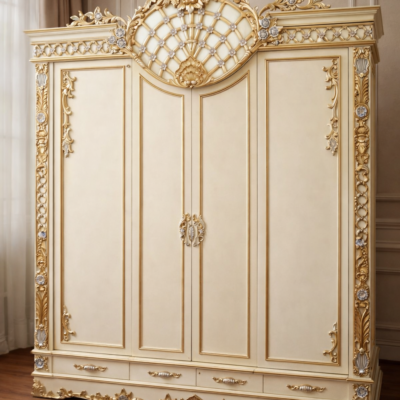 Royal Palace Solid Teakwood 4 Door Wardrobe with Hand-Carved Gold Detailing